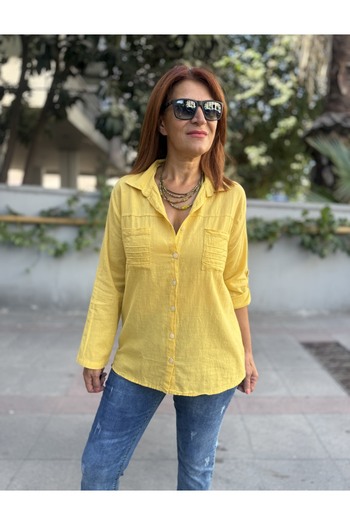 DenizEge Double Pocket Cotton Shirt Yellow