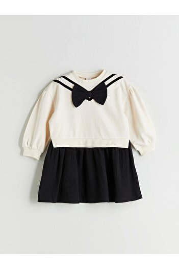LC Waikiki Lcw Kids Ecru Crew Neck Bow Detail Girls' Dress