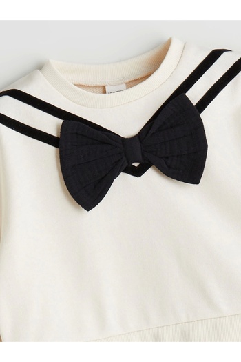 LC Waikiki Lcw Kids Ecru Crew Neck Bow Detail Girls' Dress
