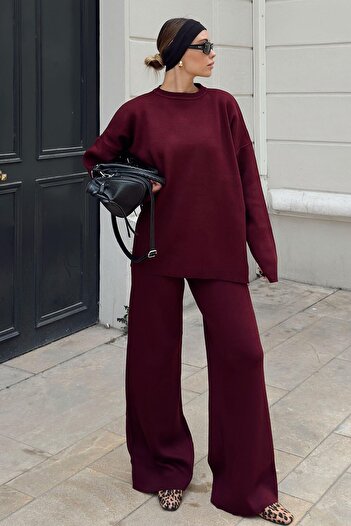 Swist Burgundy Crew Neck Oversize Sweater-Pants Knit Women's Bottom-Top Set