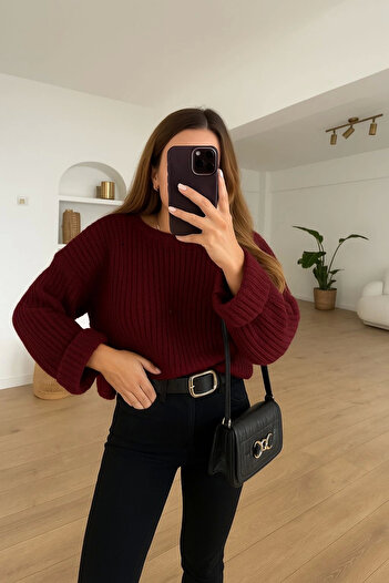 KAZAX Casual Hole Detailed Sweater Burgundy