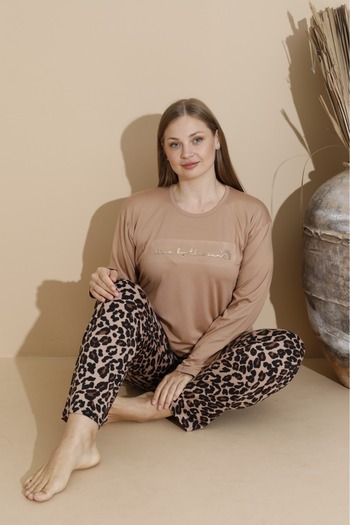 makkash Women's Milan Fabric Plus Size Curve Printed Mink Colored Long Sleeve Pajama Set