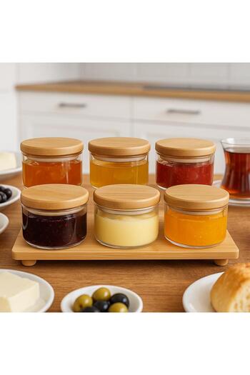 Noah Exclusive 7 Piece Borosilicate Glass with Bamboo Lid - Bamboo Board Presentation Relish Bowl Set - Glass Breakfast Set
