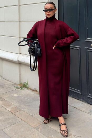 Swist Burgundy Turtleneck Zero Sleeve Midi Dress-Cardigan Women's Knitwear Set