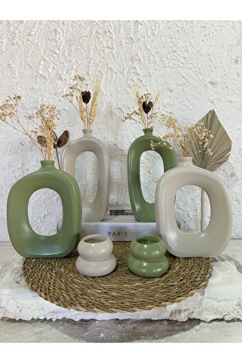 Zigzag Home Decorative Bohemian Style 6 Piece Vase and Candle Holder Set Green Beige Figurine