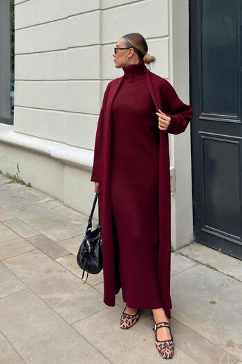 Swist Burgundy Turtleneck Zero Sleeve Midi Dress-Cardigan Women's Knitwear Set