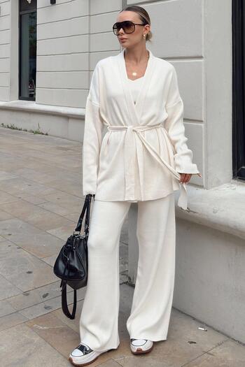Swist Beige Belted Cardigan-Strappy Crop-Pants 3-Piece Women's Knitwear Set
