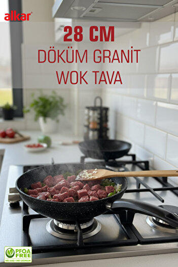 FİTHOME 28 cm Cast Granite Fireproof Non-Stick Deep Wok Pan