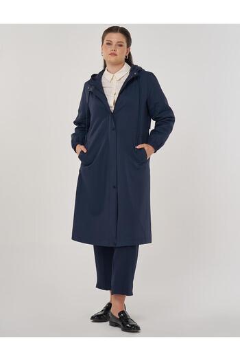 Kayra Hooded Long Trench Coat Dark Navy Blue
