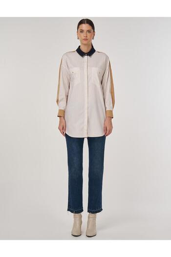 Kayra Color Block Cotton Tunic Beige
