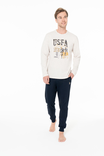 U.S. Polo Assn. Men's Printed Beige Pajama Set with Leg Ties - Beige - Astps18Y95A5-Cbej
