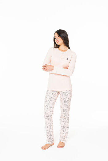 U.S. Polo Assn. Women's 100% Cotton Star Patterned Buttoned Pajama Set Salmon - Salmon - Bynva20R16M1-Hsom