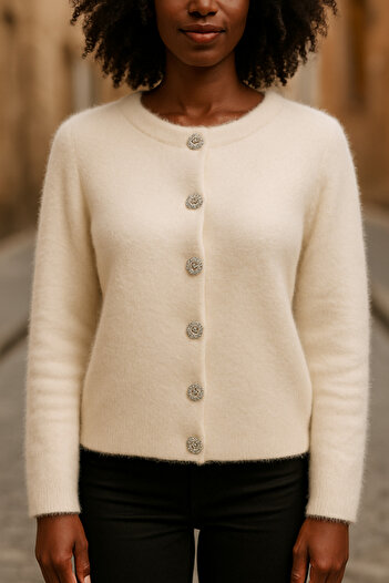 minaaise Women's Ecru Soft Textured Cardigan with Stone Button Detail 5559