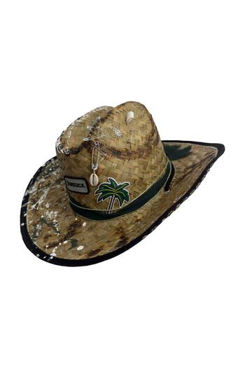 Pursehuit Brown hat, cowboy style, straw, handmade, hand painted and accessorized, Jamaica