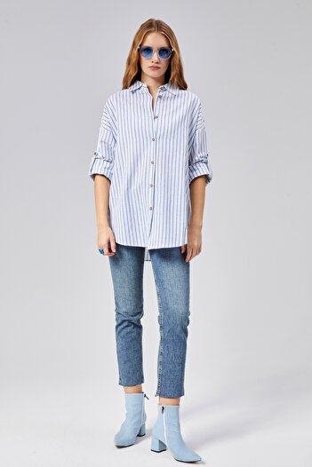 TF The Fancy For You Kadın Çizgili Uzun Kol Oversize Gömlek