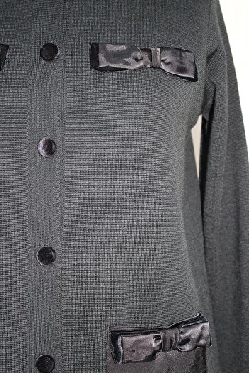 trikobis Velvet Buttoned Wool Knitwear Cardigan with Satin Pocket and Bow Detail