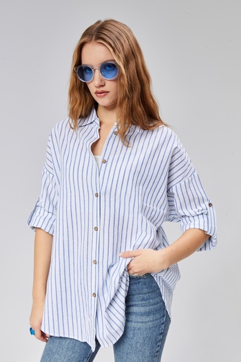 TF The Fancy For You Kadın Çizgili Uzun Kol Oversize Gömlek
