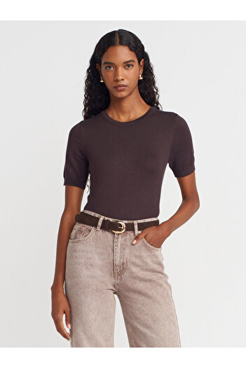 Dilvin 10779 Crew Neck Short Sleeve Basic Knitwear Blouse-Dark Brown