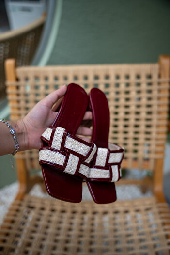 LAMİNTA Amara Burgundy Knitted Straw Detailed Women's Heeled Slippers