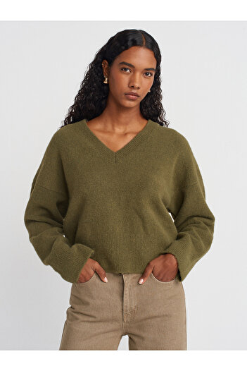 Dilvin 10645 V-Neck Soft Textured Knitwear Sweater-Khaki
