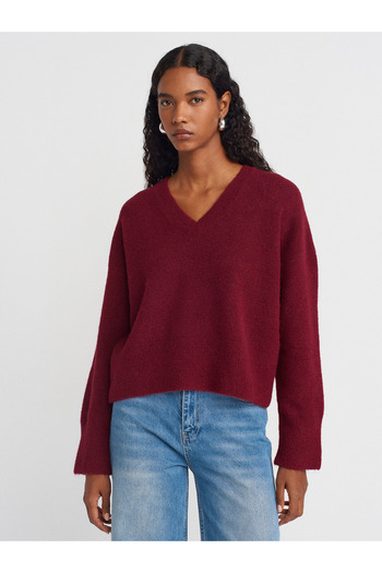 Dilvin 10645 Pulover tricotat cu textura moale cu decolteu în V-Burgundy