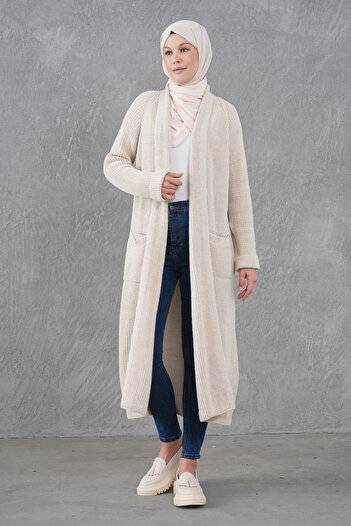 4S1B FASHION Cream Knitwear Fabric Double Pocket Shawl Collar Long Hijab Clothing Cardigan 5001
