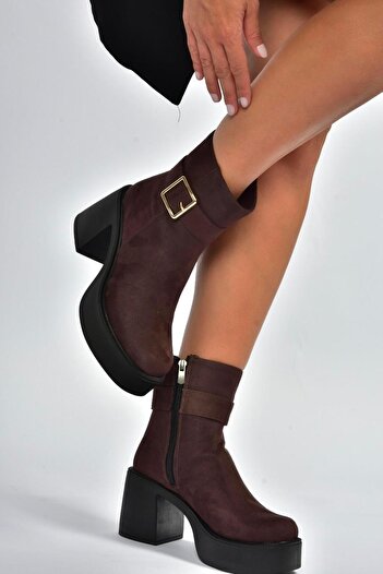 Fox Shoes V726446602 Kahverengi Süet Kalın Topuklu Kadın Bot
