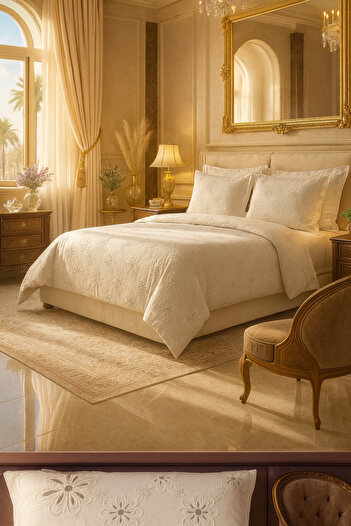 Evimcim Double Premium Pike Set – Cream Color, Embossed Floral Pattern