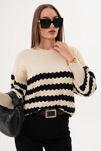 ŞİMAL Women's Striped Patterned Balloon Sleeve Knit Sweater 255104 -