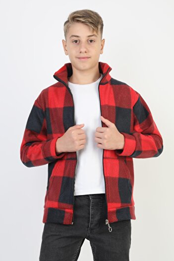 NEWKİDS Plaid patterned zippered stand collar kangaroo pocket boys' cardigan