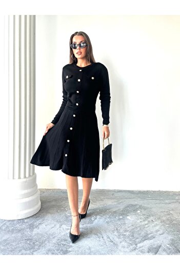Lusin Women's Black Stylish Gold Button Detailed Elegant Long Sleeve Knitwear Dress