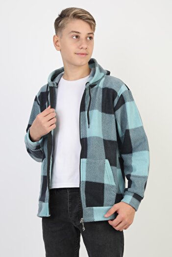 NEWKİDS Hooded Zippered Plaid Patterned Long Sleeve Boys Cardigan