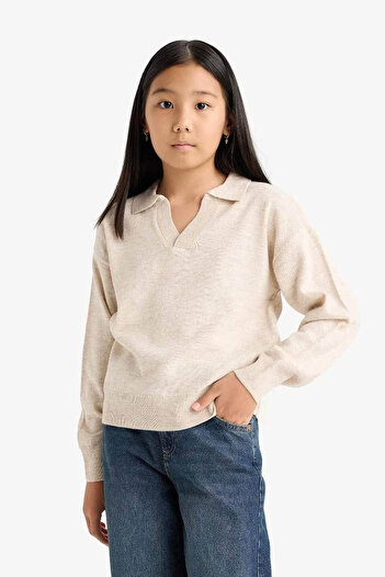 DeFacto Standard Fit Polo Neck Knitwear Beige Girls' Sweater E7738A8/Bg144