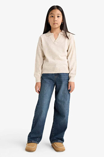 DeFacto Standard Fit Polo Neck Knitwear Beige Girls' Sweater E7738A8/Bg144