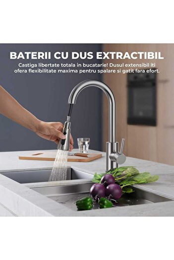 Elindor Baterie de bucătărie cu cioc înalt, pulverizator retractabil, aerator detașabil, oțel inoxidabil, argintiu