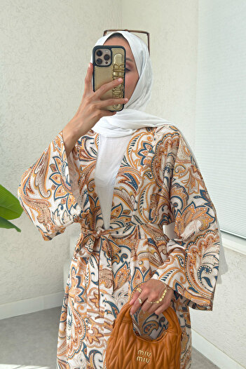 Salih Çelebi Ethnic Pattern Long Kimono 23961 - Beige