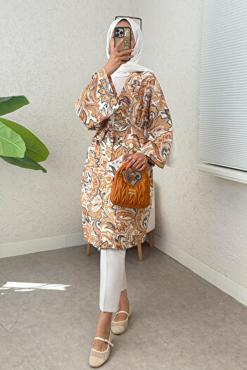 Salih Çelebi Ethnic Pattern Long Kimono 23961 - Beige