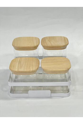 isra kristal Glass Spice Rack with White Metal Stand, Set of 4 – Jar Set with Bamboo Lid