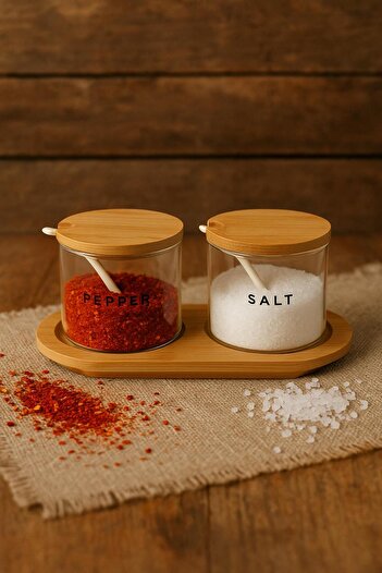 isra kristal Bamboo Lid Glass Spice Jar Set of 2 – Storage Container with Spoon and Stand