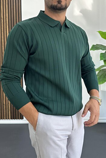 Edwox Men's Open Collar Regular Fit Sweater Green Edw412