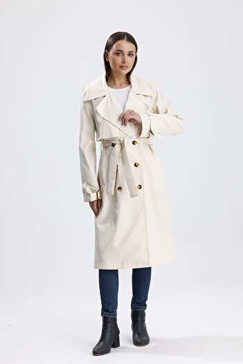 JUPİTER GLOBAL TRADİNG Ecru Classic Belted Lined Trench Coat M-Ecru
