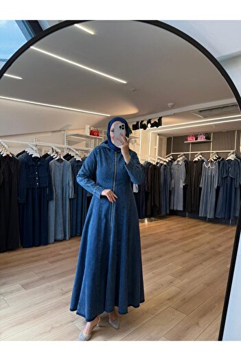OlaLady Women's Wave Stitched Hooded Hijab Denim Cap Overcoat