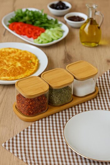 isra kristal Glass Spice Jar Set with Bamboo Lid 3-Piece – Storage Container with Stand
