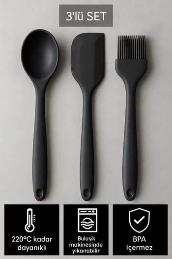 CKM silikon Silicone Fireproof Non-Stick Large 3-Piece Spatula Brush Spoon Set Black