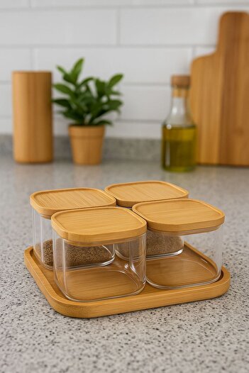 isra kristal Glass Spice Jar Set with Bamboo Lid 4-Piece – Storage Container with Stand