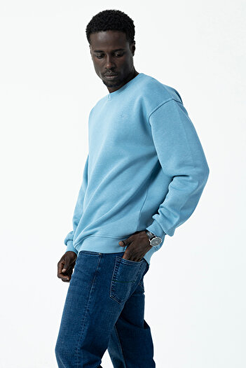 JB John Borners Men's Crew Neck Jb Embroidered 3-Thread Sweatshirt Light Blue - 5405