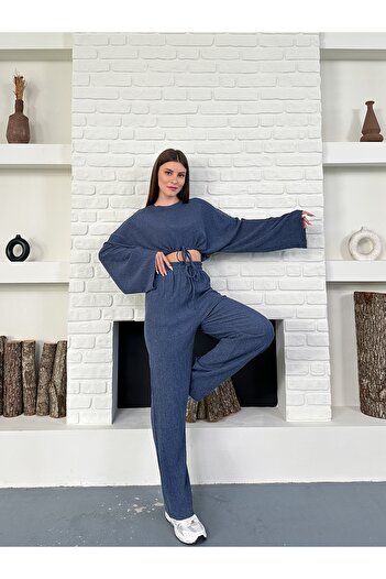 OTAKU Women's Drawstring Long Sleeve Crop Blouse and High Waist Wide Leg Pants Set