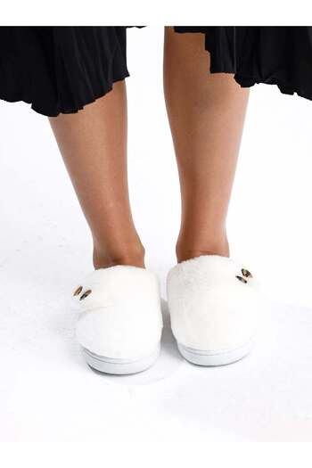 Behtah Kundura Beige Button Detailed Non-Slip Sole Plush Women's House Slippers with Complete Wool Inside