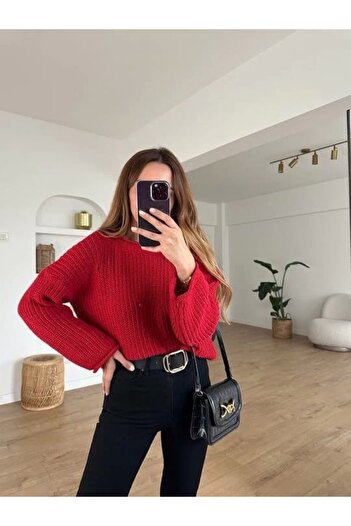 BellevieStore Recommended Trusted Seller Casual Hole Detail Sweater Red
