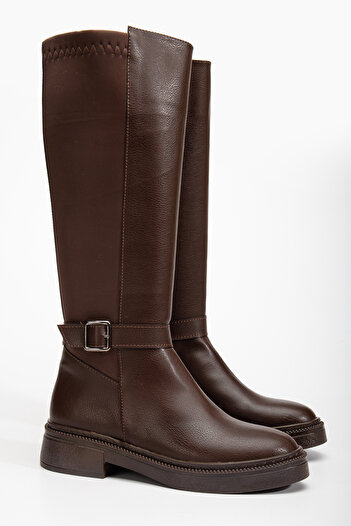 Entella Store Women's Bitter Brown Leather Buckle Detailed Stretch Boots